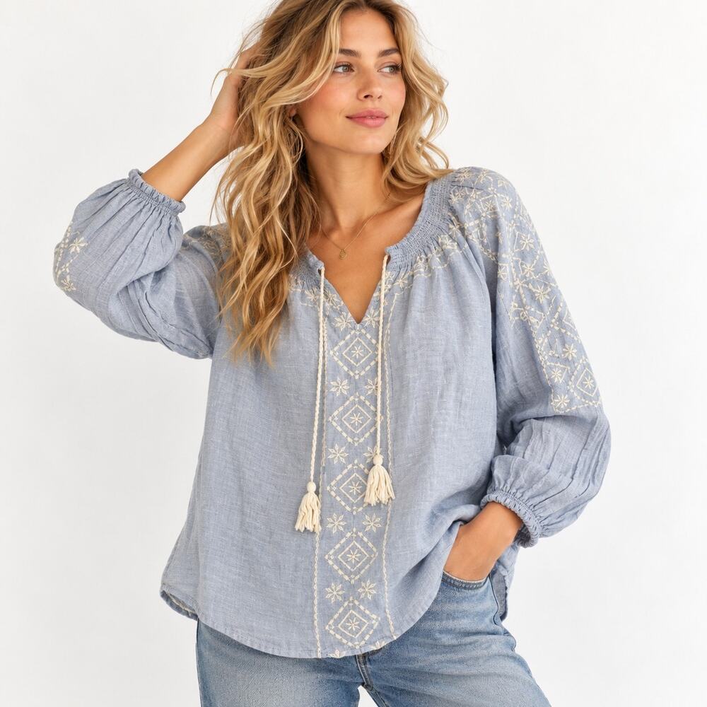 Joie 100% Linen Peasant Blouse Womens M Blue Embroidered Boho Tassel Tie Top